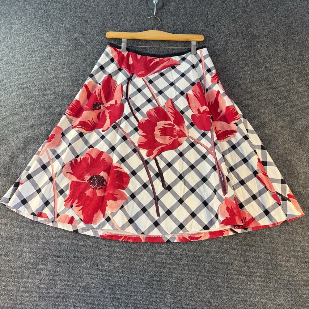 Talbots Floral Gingham A-Line Skirt Women's Size 6 Pink Black White Midi